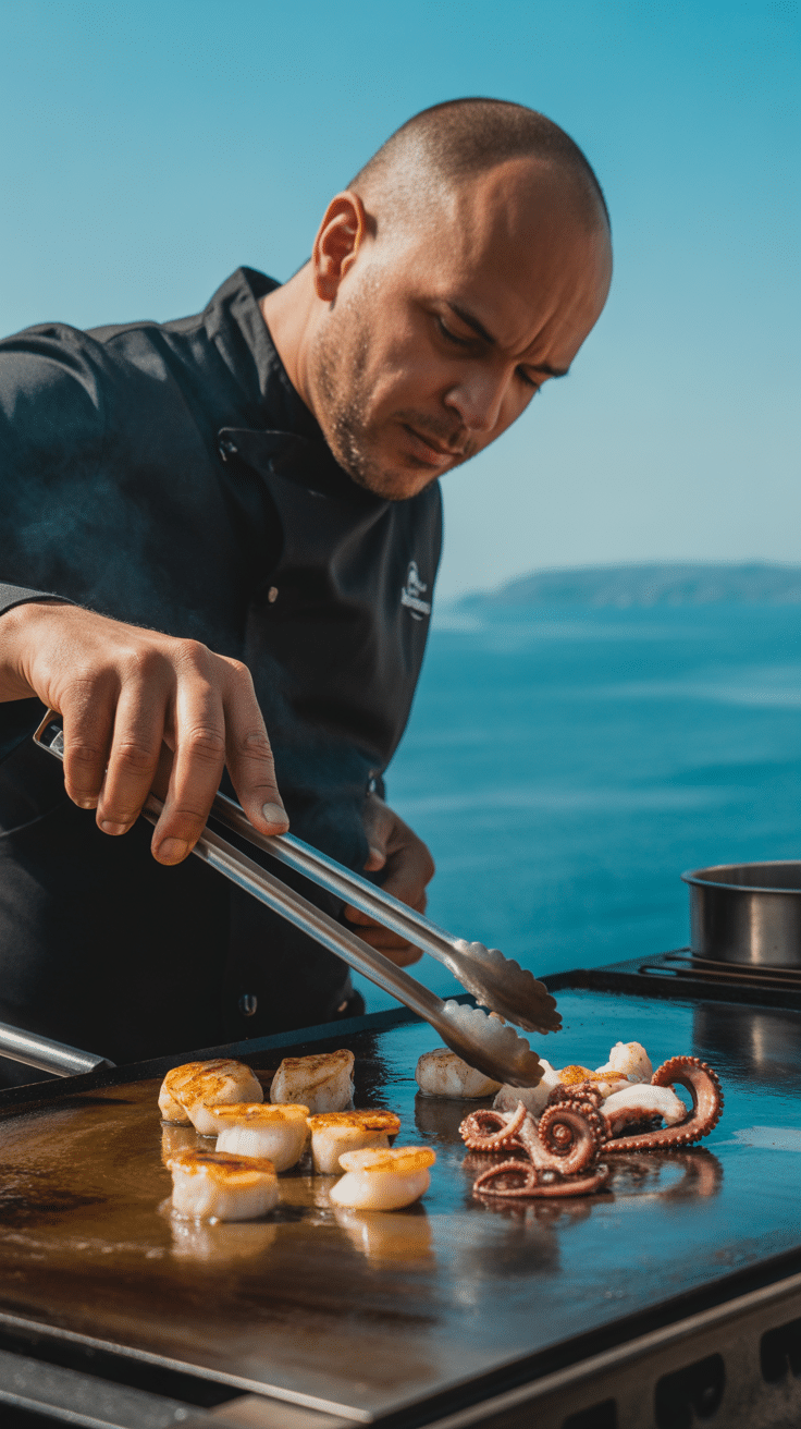 Cuisinier saisissant des produits de la mer à la plancha
