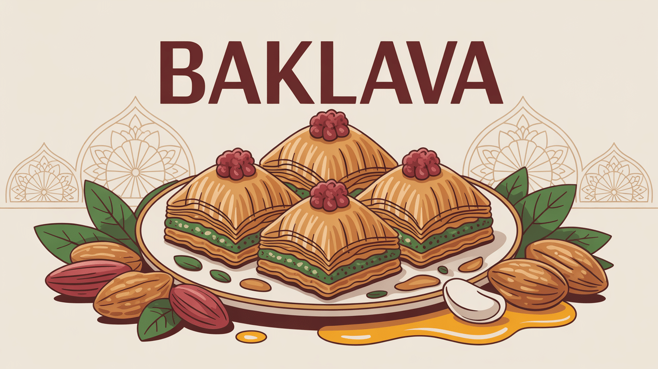 Baklava origine illustré sur plateau doré