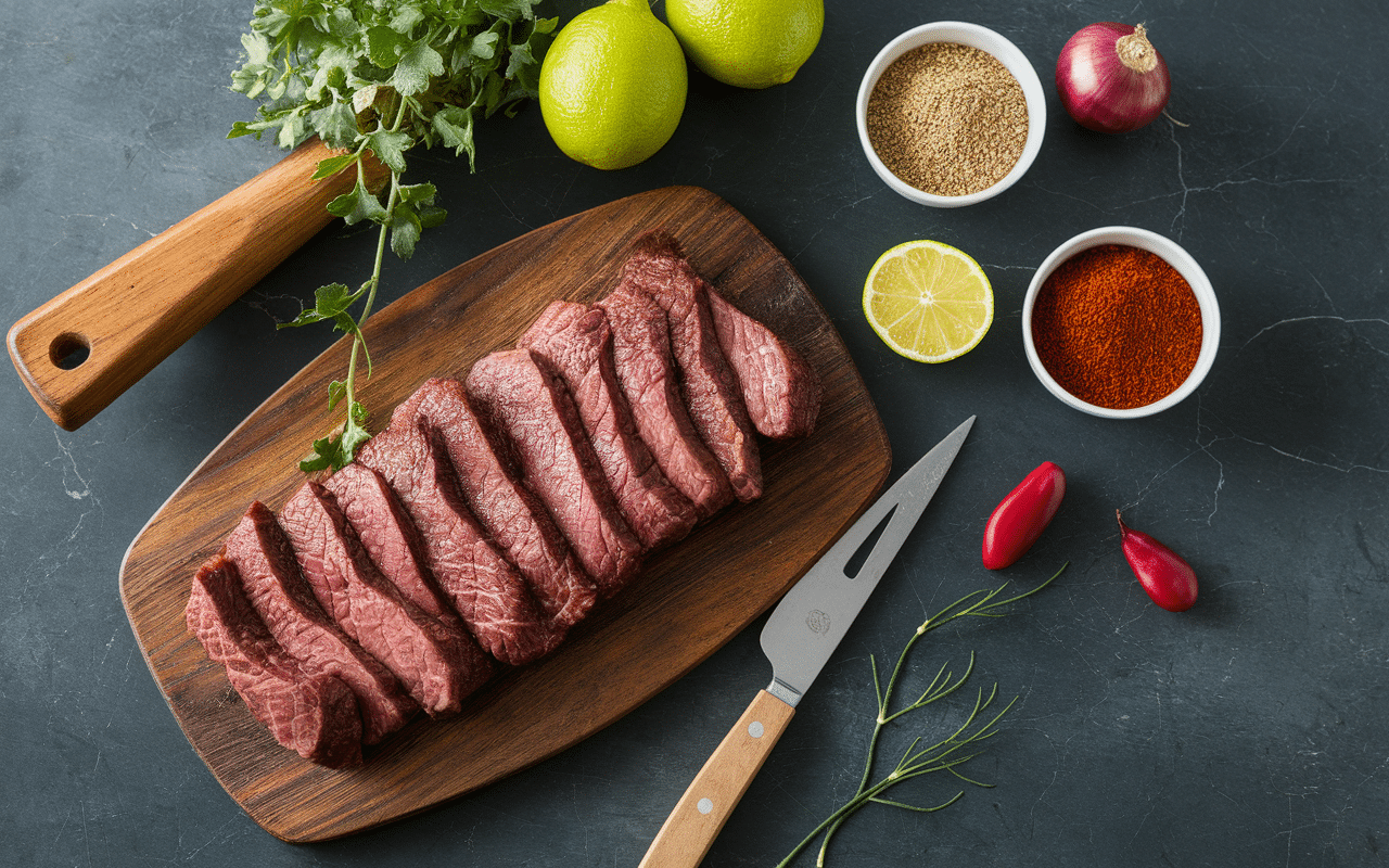 morceaux boeuf barbacoa crus epices planche