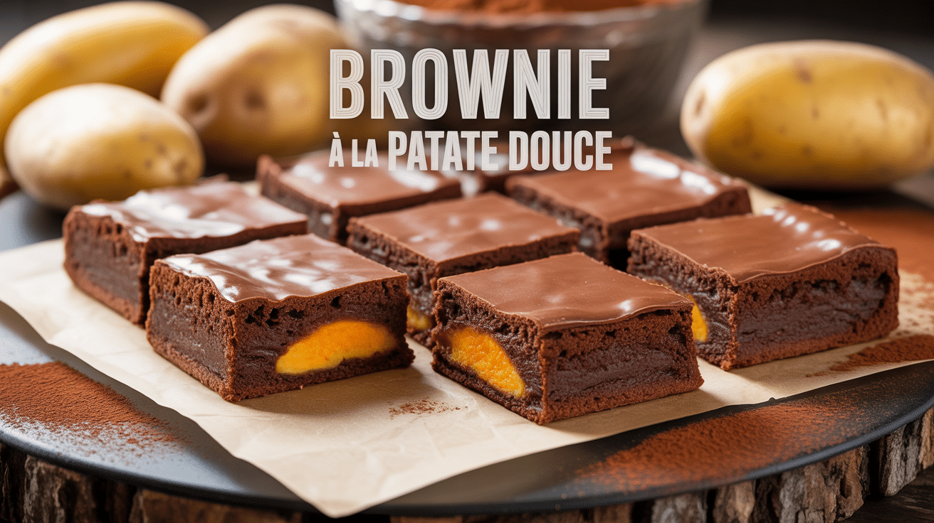 Brownie patate douce moelleux chocolat sur planche bois