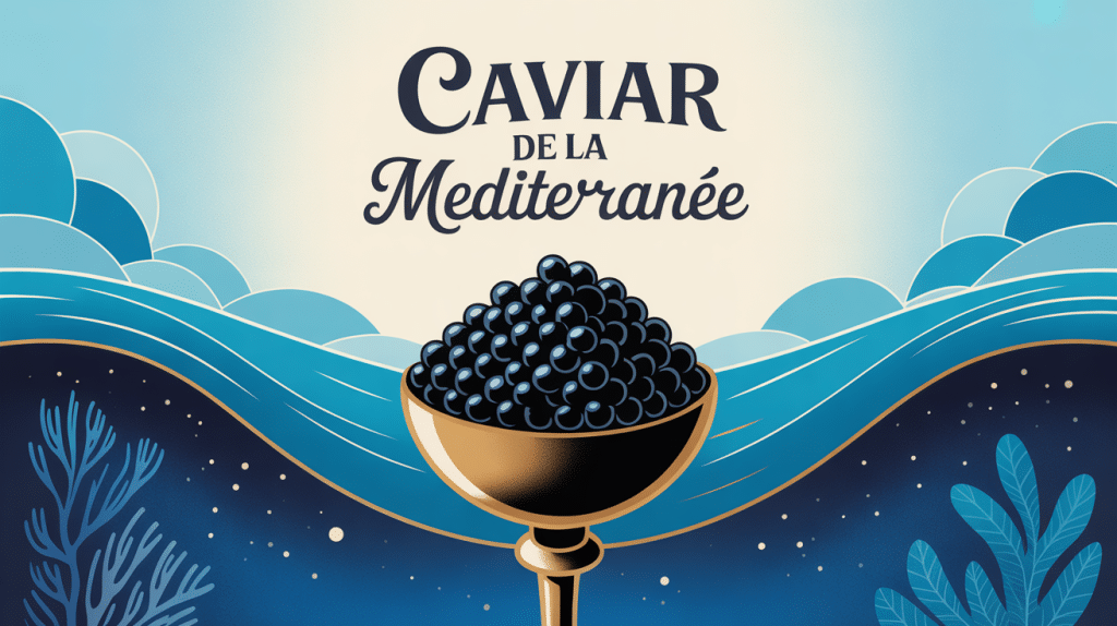 Grains de caviar de la Méditerranée sur fond marin stylisé