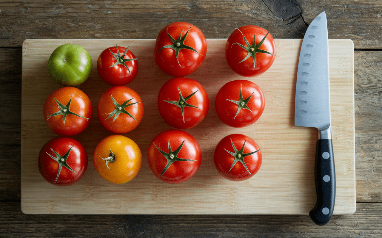 Différentes tomates et couteau adapté pour coupe tomates