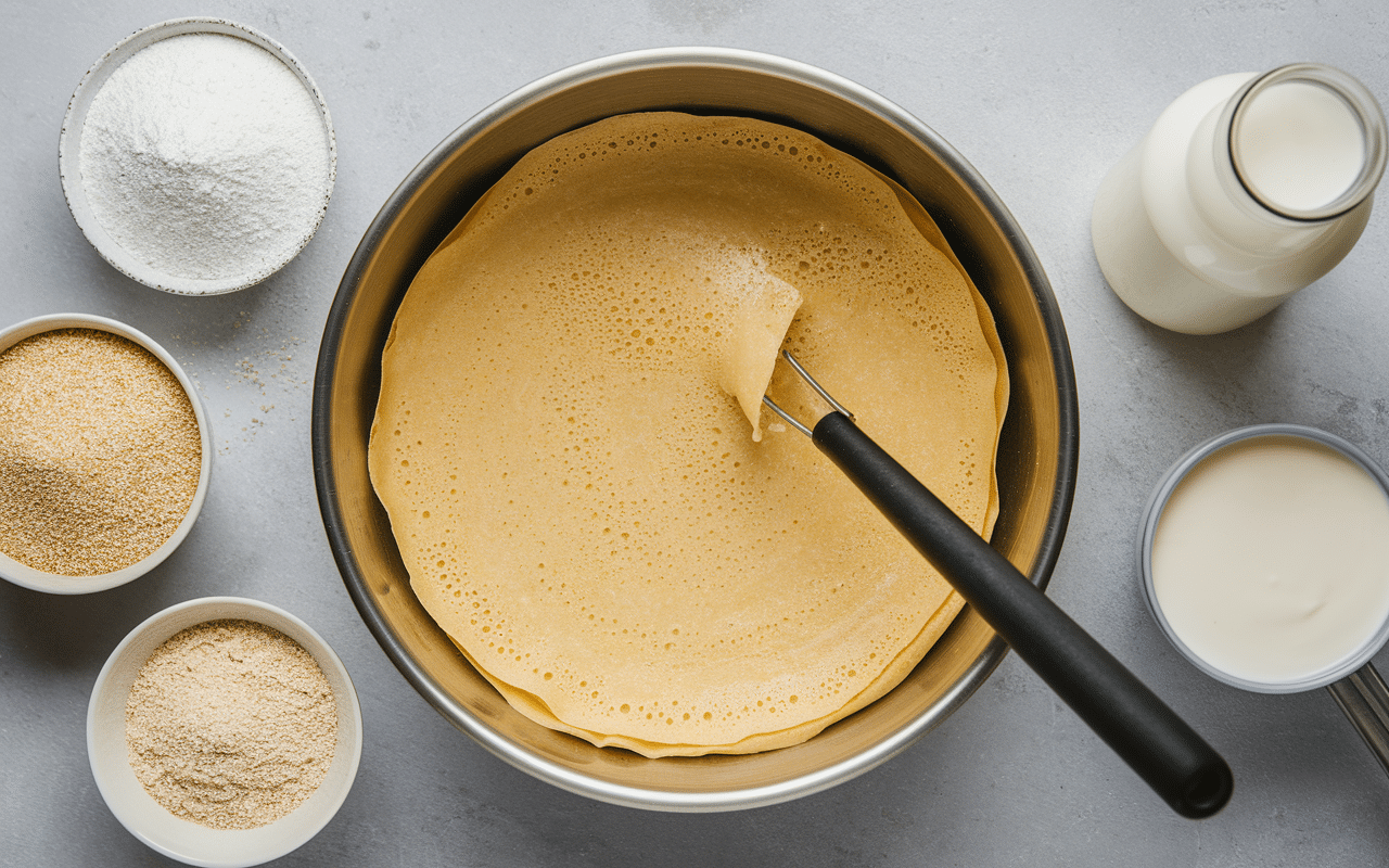 Pâte à crêpes au sarrasin sucrées lisse et ingrédients