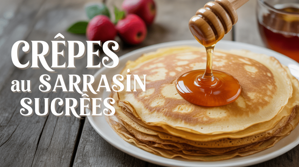 Pile de crêpes au sarrasin sucrées avec miel et fruits rouges