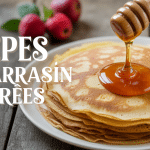 Pile de crêpes au sarrasin sucrées avec miel et fruits rouges