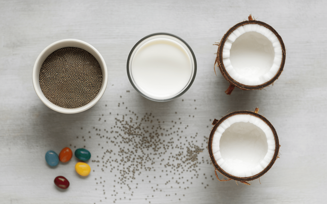 ingredients graine de chia lait de coco sur planche bois