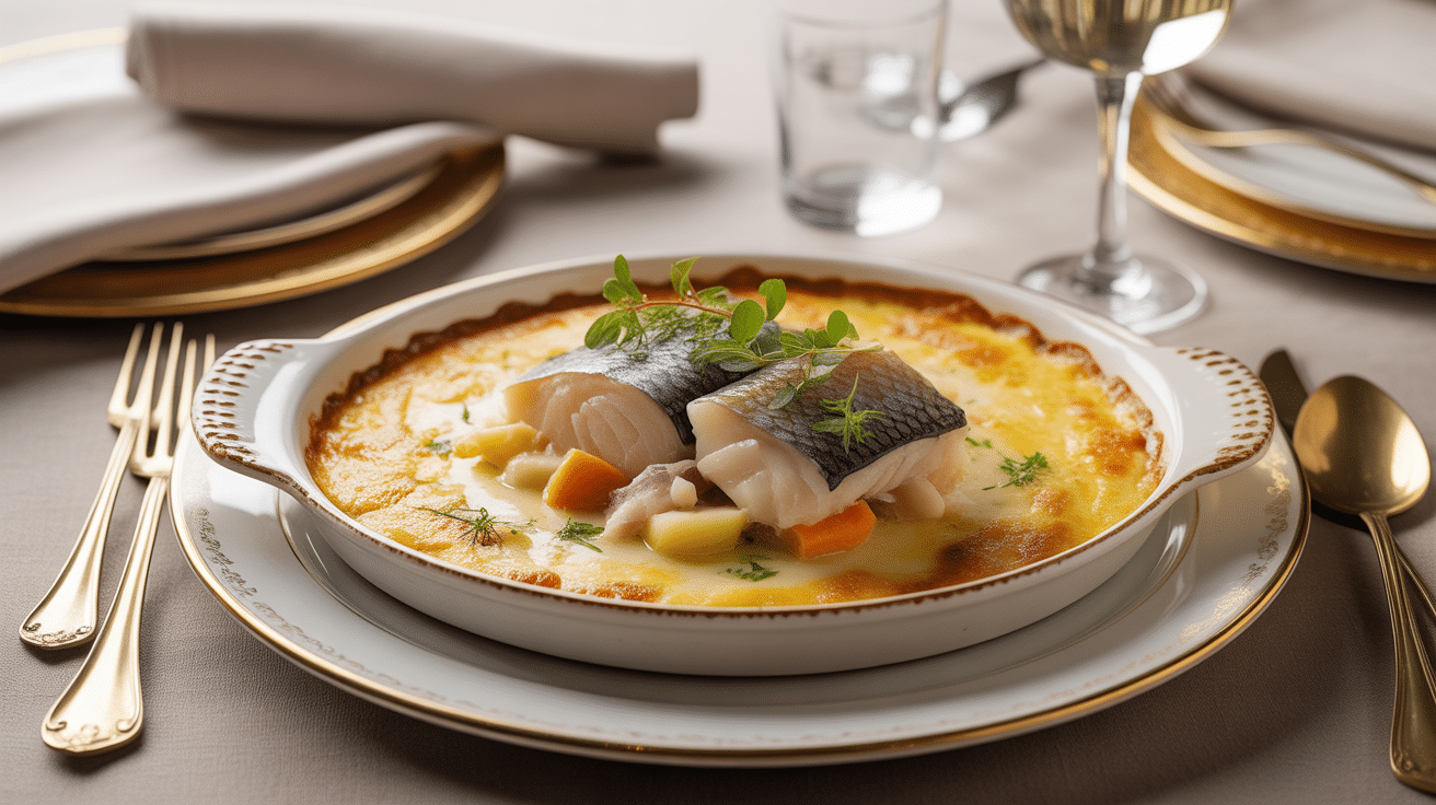 gratin de poisson gastronomique doré sauce crémeuse