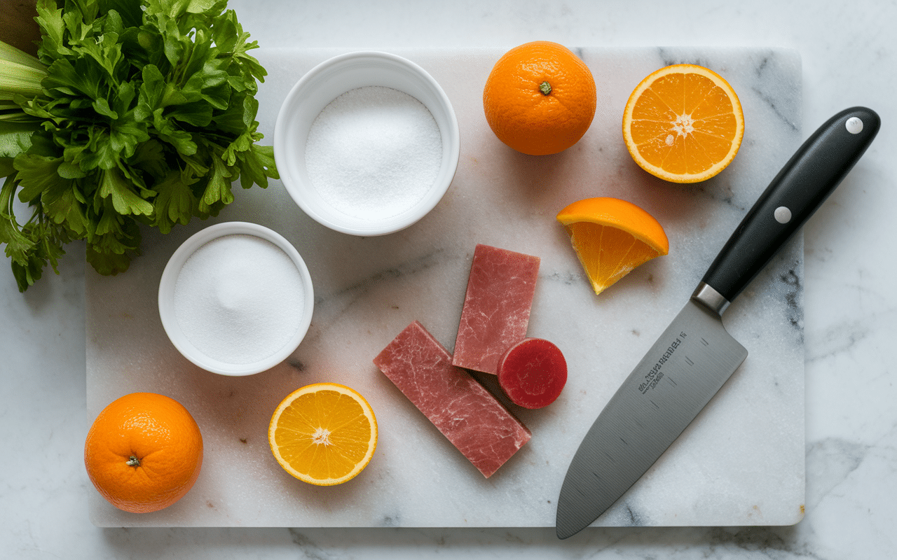 ingredients gravlax de thon sur plan de travail