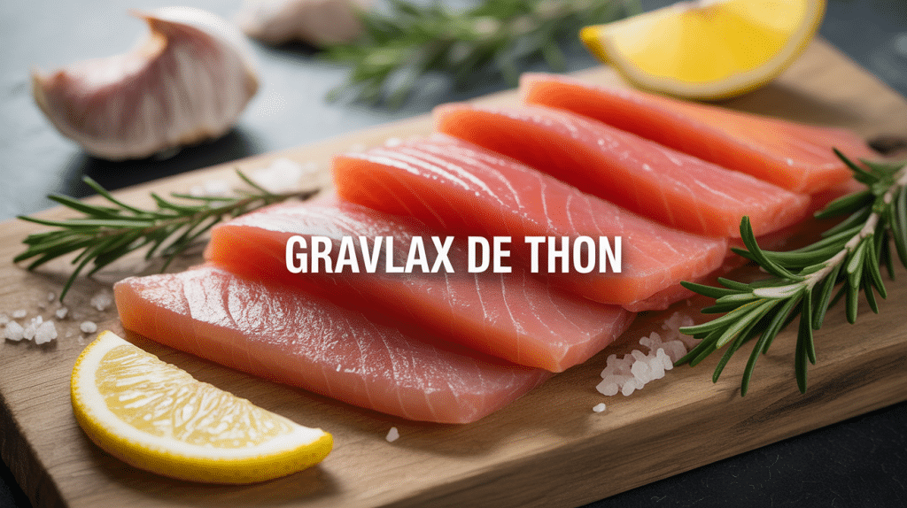 gravlax de thon tranches fines eventail sur planche bois