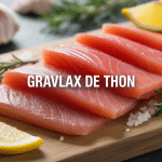 gravlax de thon tranches fines eventail sur planche bois