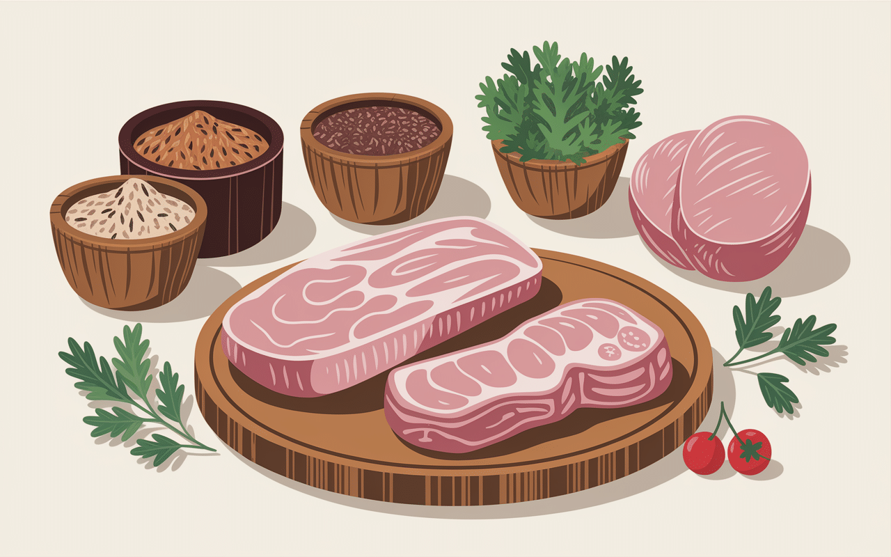 Ingrédients pour paté de porc et foie disposés sur table