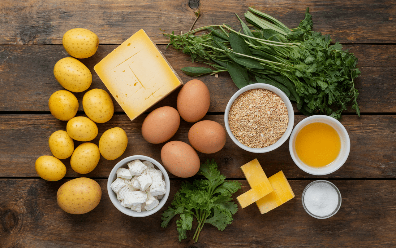 Ingrédients frais pour tourte pomme de terre fromage