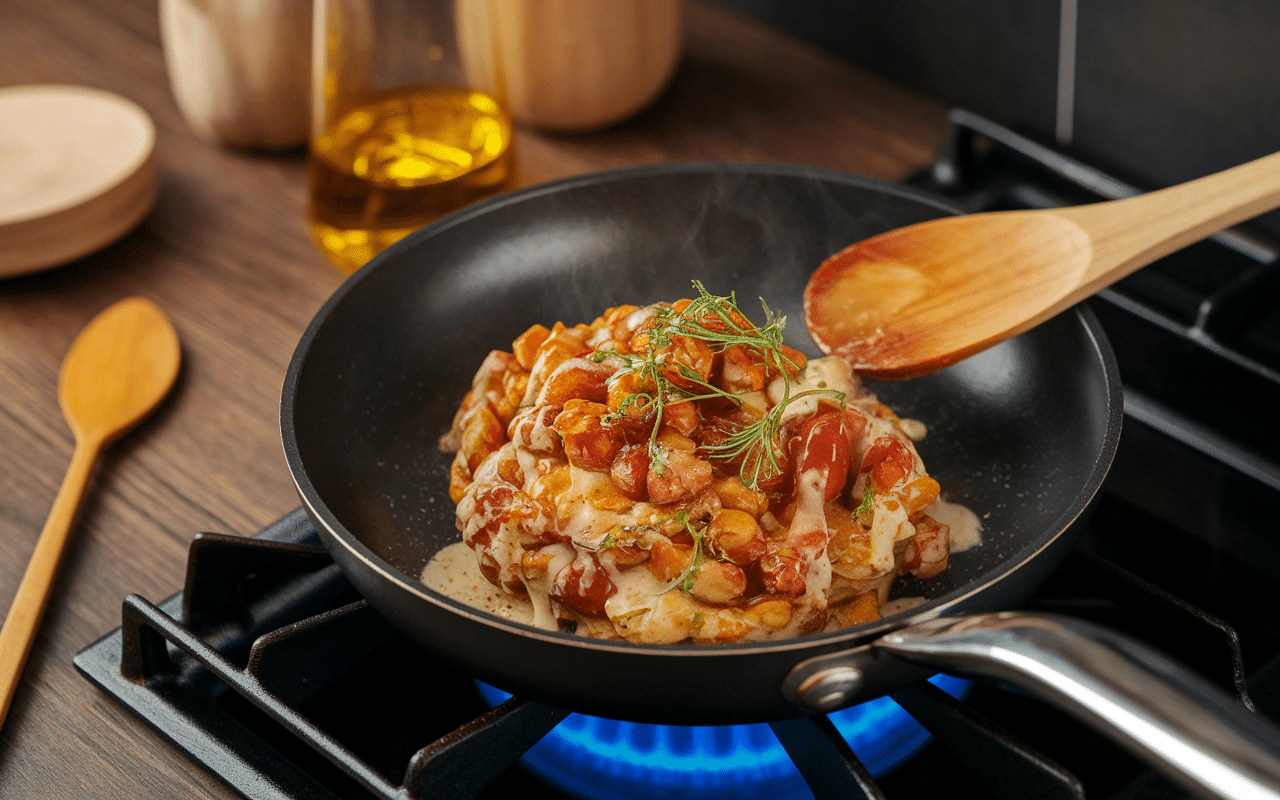 Morue à l'ail à la poêle en cuisson, dorée, spatule, huile grésillante