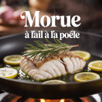 Morue à l'ail à la poêle dorée en fonte, ail, persil, huile d'olive