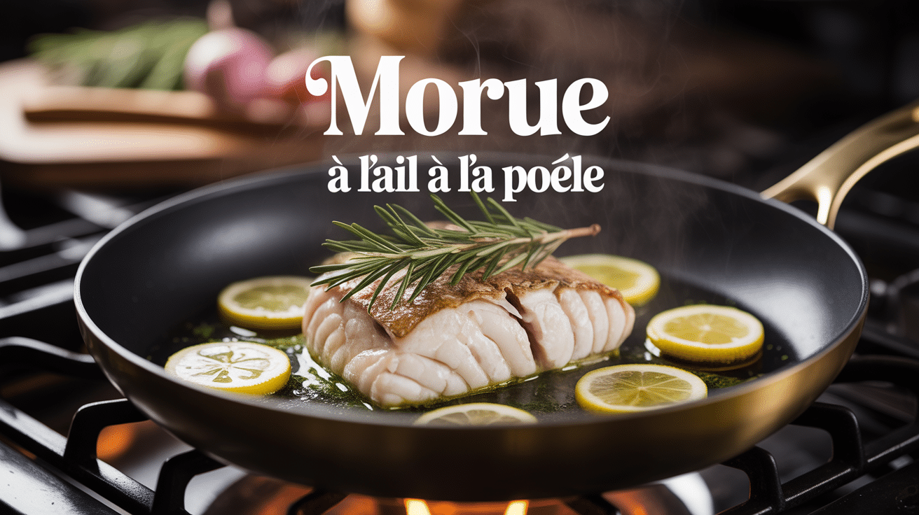 Morue à l'ail à la poêle dorée en fonte, ail, persil, huile d'olive