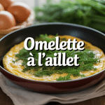 Omelette à l'aillet dorée dans poêle en fonte avec œufs et aillet