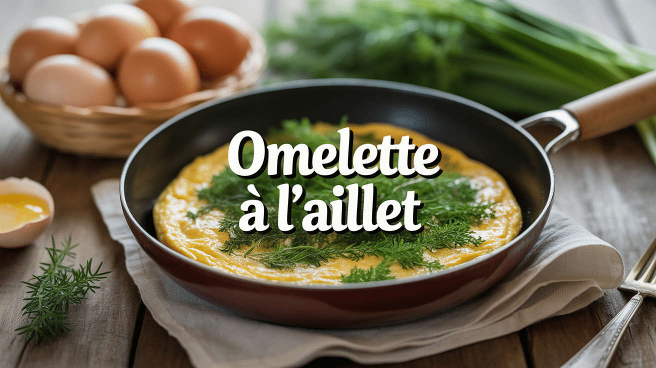 Omelette à l'aillet dorée dans poêle en fonte avec œufs et aillet
