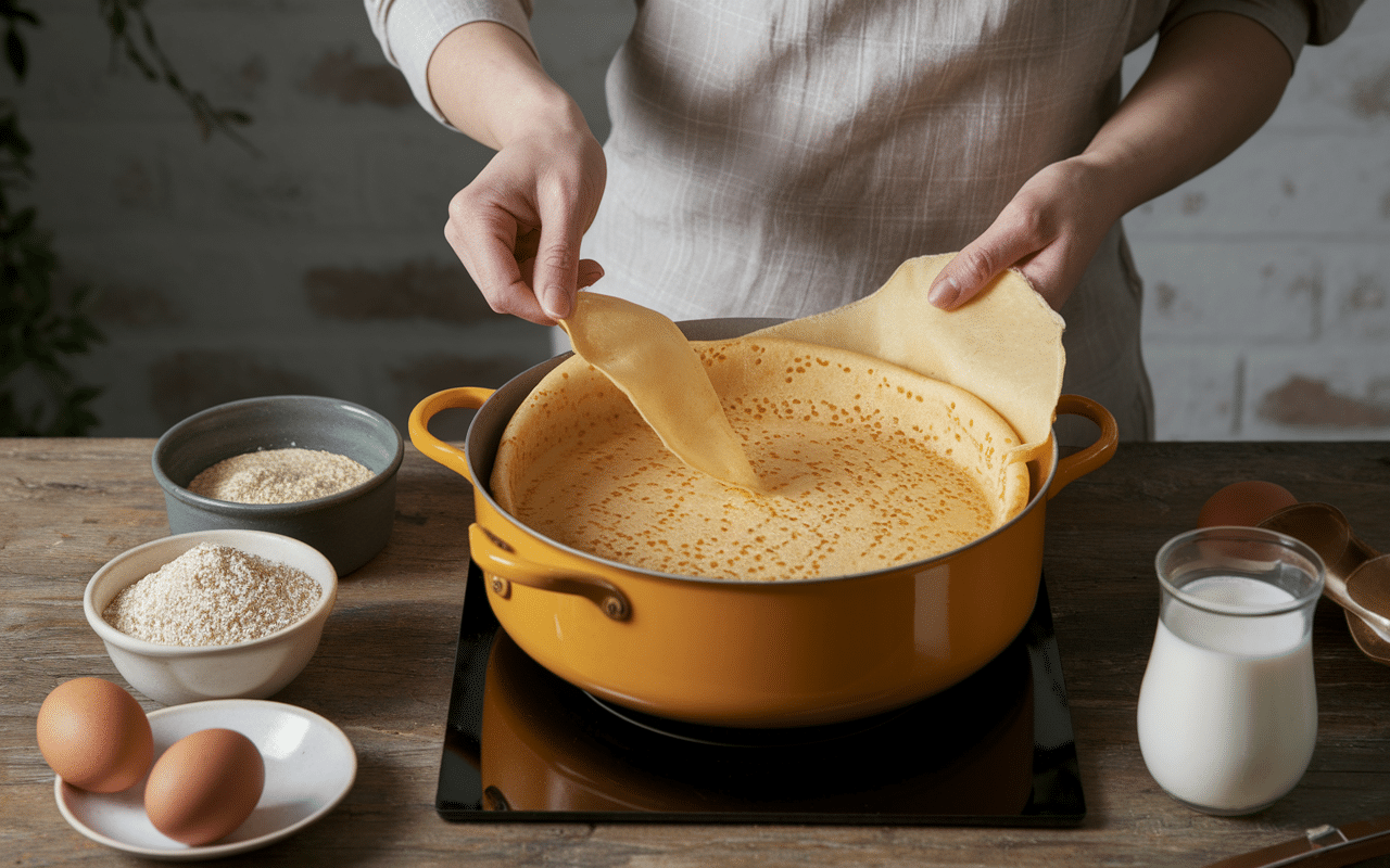 Retourner une crêpe au sarrasin sucrée dans une poêle