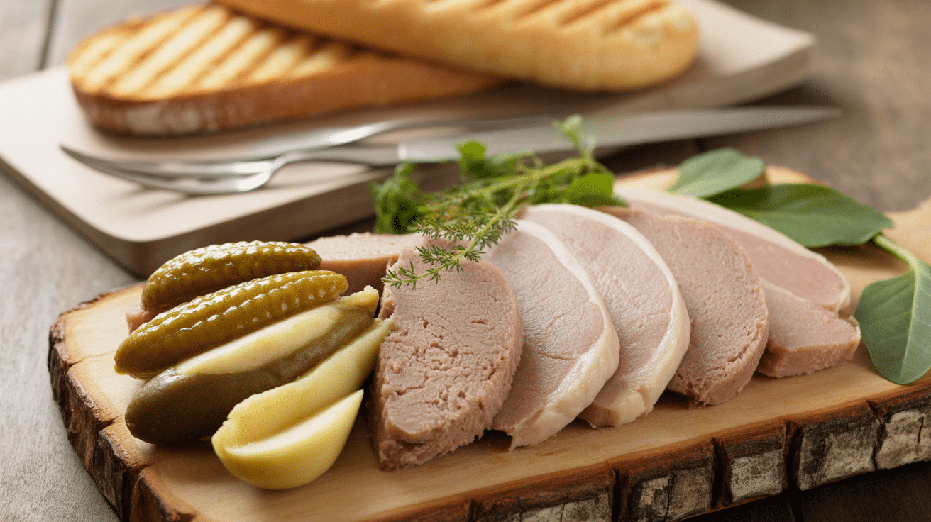 Assiette de paté de porc et foie avec pain et cornichons