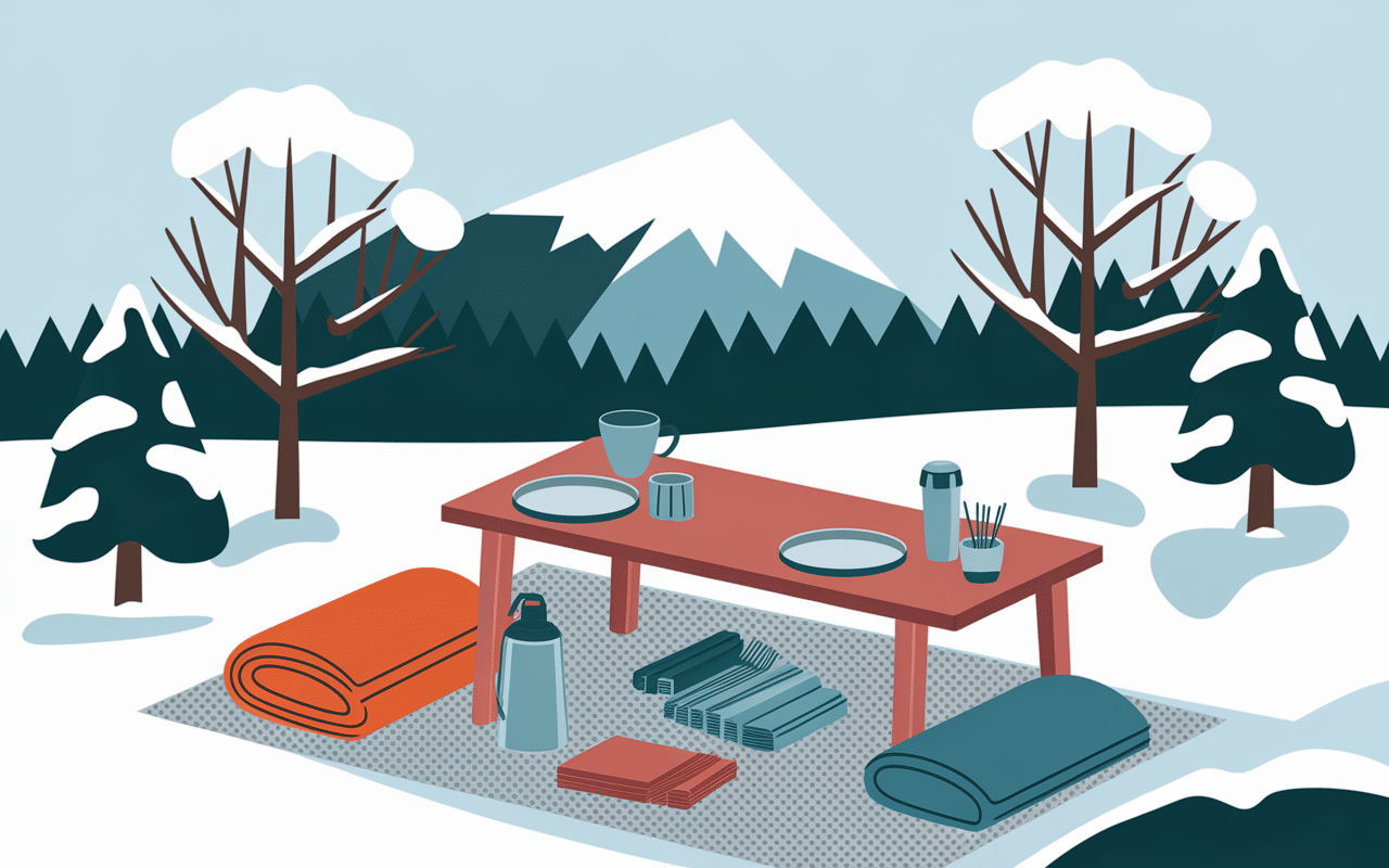 Équipement complet pour pique nique hivernal sur la neige