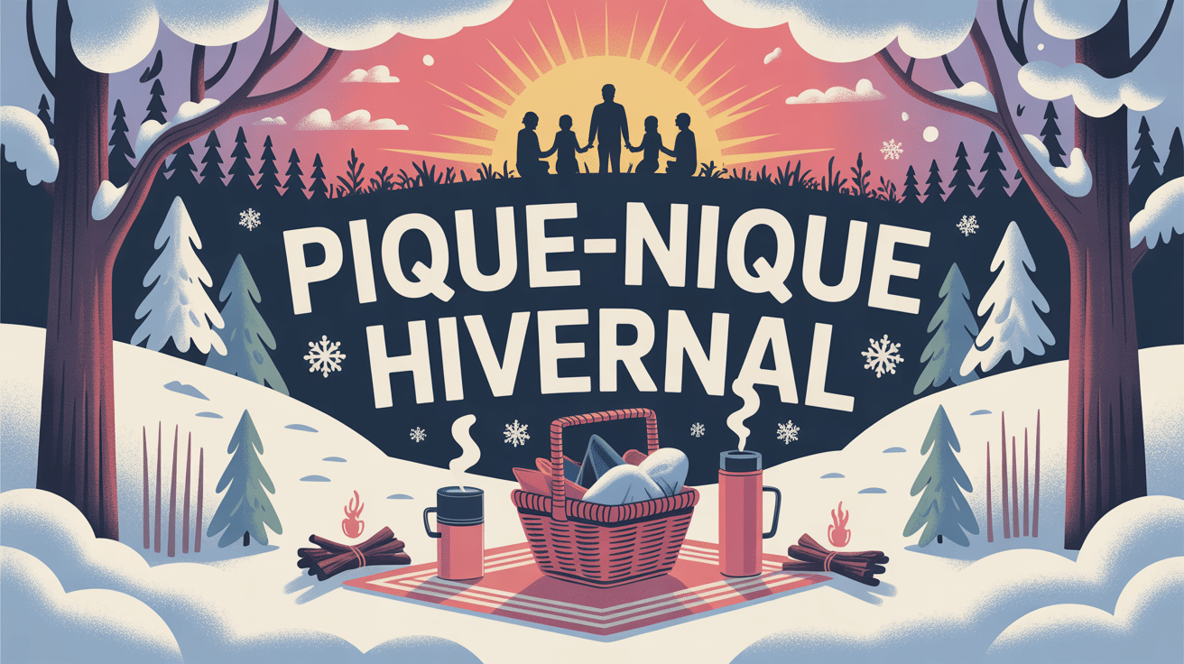 Famille lors d'un pique nique hivernal sous la neige