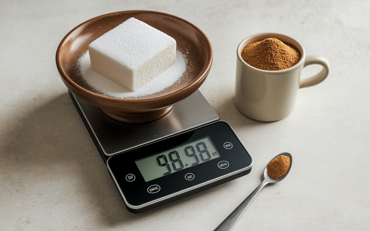 Balance affichant 5g avec carré de sucre, comparaison cuillère