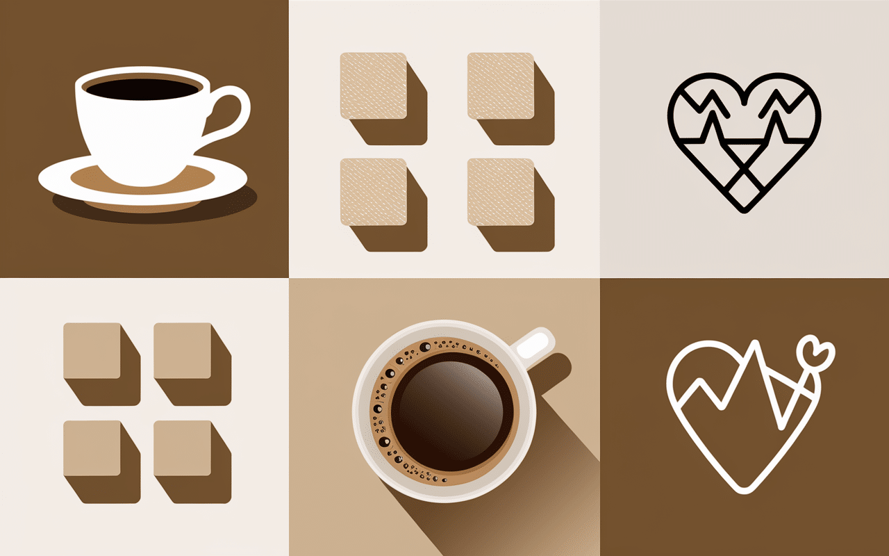 6 carrés de sucre, tasse de café et symbole santé