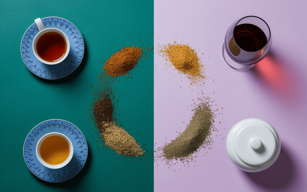 Théière traditionnelle et verres de vin entourant épices couscous