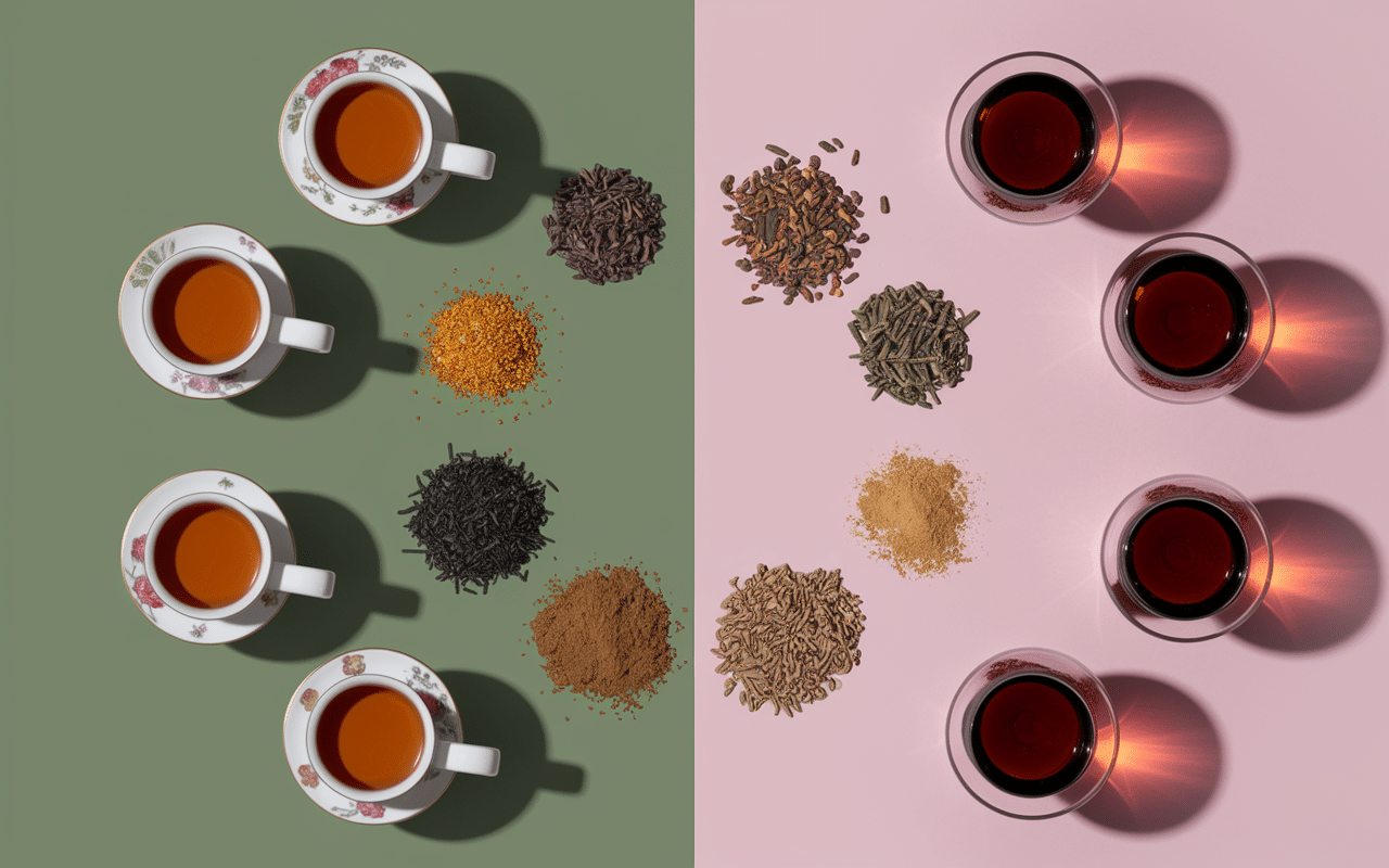 Théière traditionnelle et verres de vin entourant épices couscous