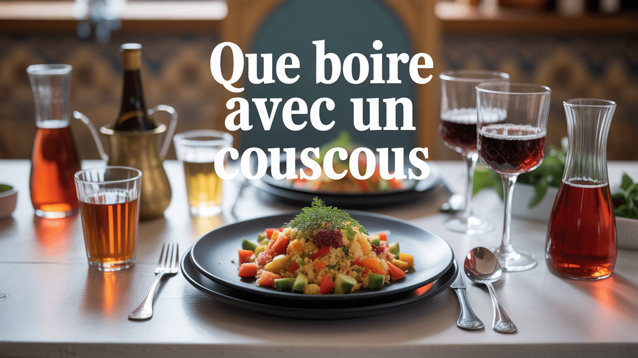 Table chaleureuse avec couscous, vins, bières et thé à la menthe