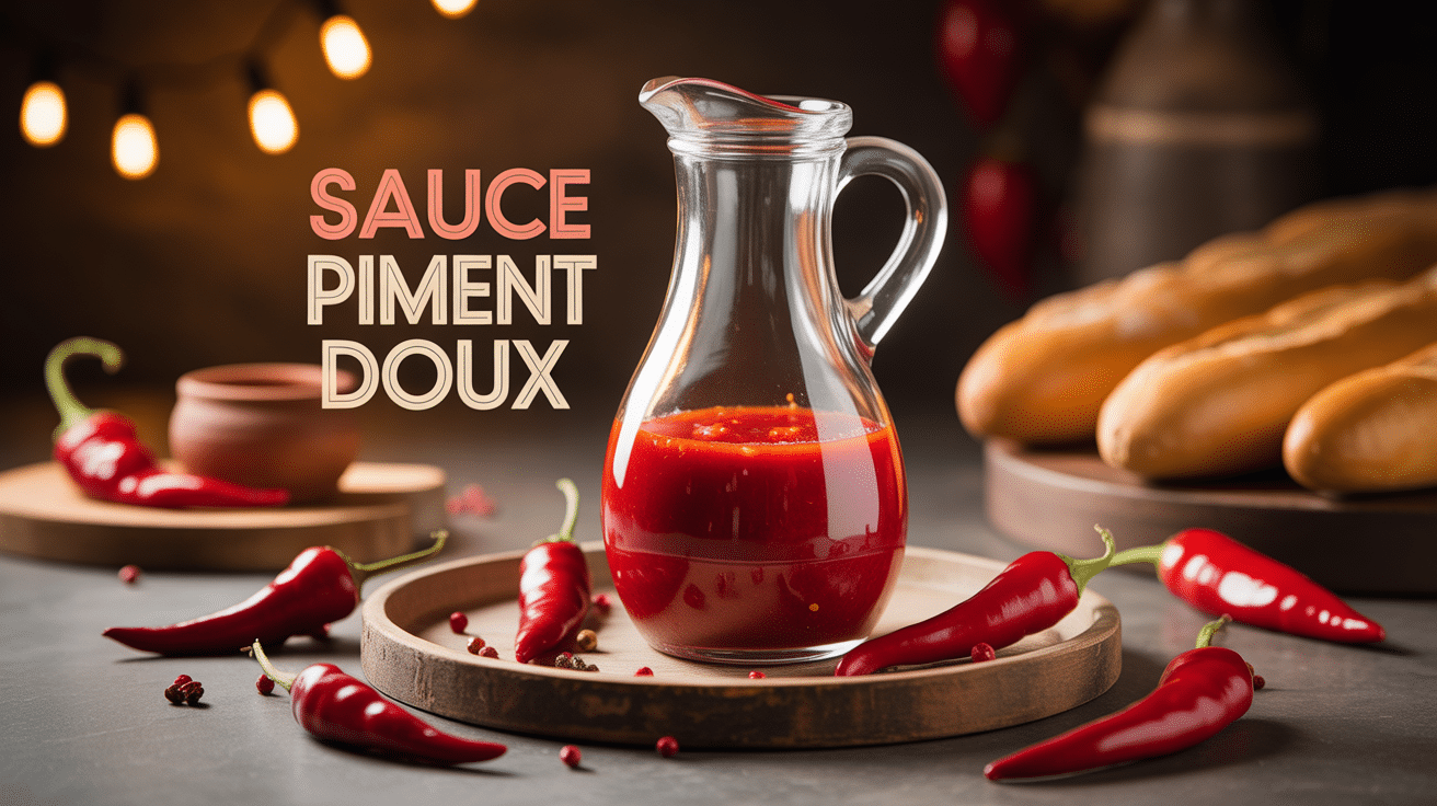 Bouteille sauce piment doux avec piments rouges