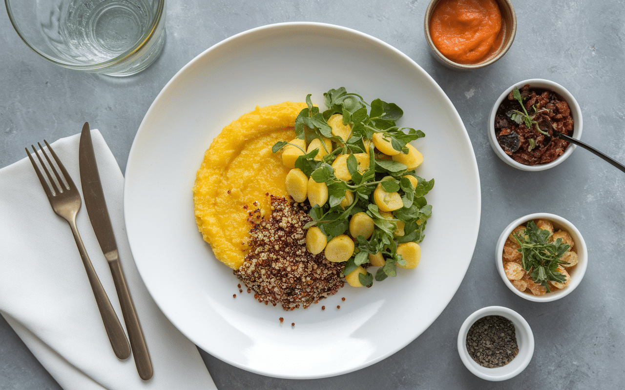 Saucisse de Toulouse accompagnement polenta quinoa salade fraîche