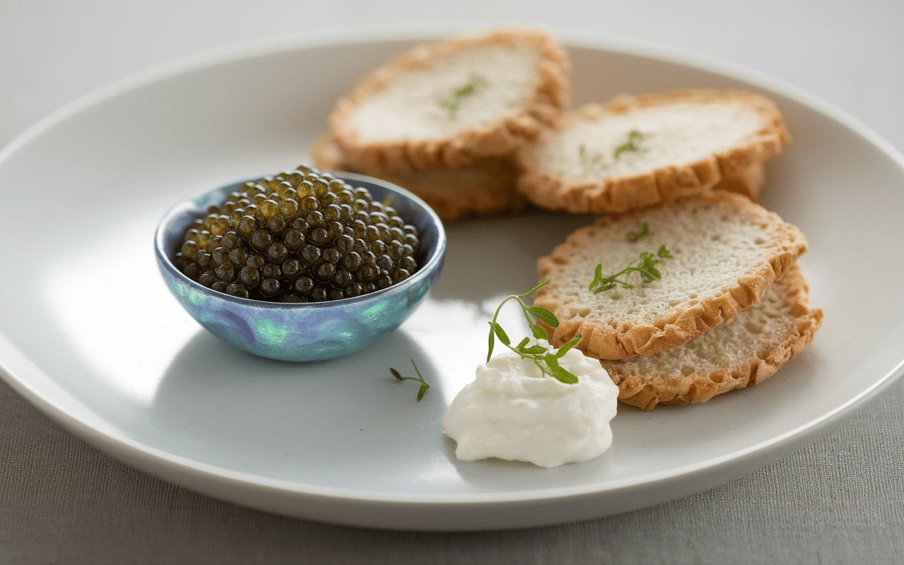 Caviar de la Méditerranée sur blinis et crème fraîche