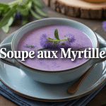 Soupe aux myrtilles violette dans un bol, décoration rustique
