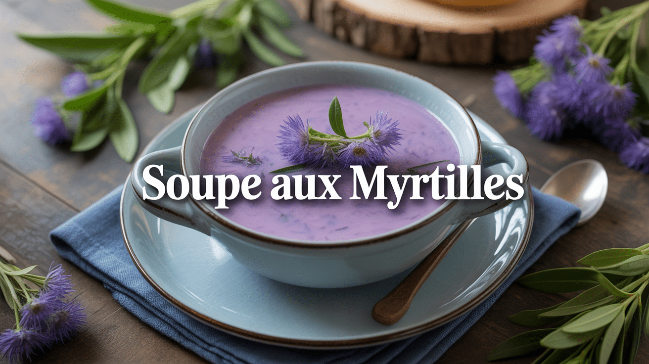Soupe aux myrtilles violette dans un bol, décoration rustique