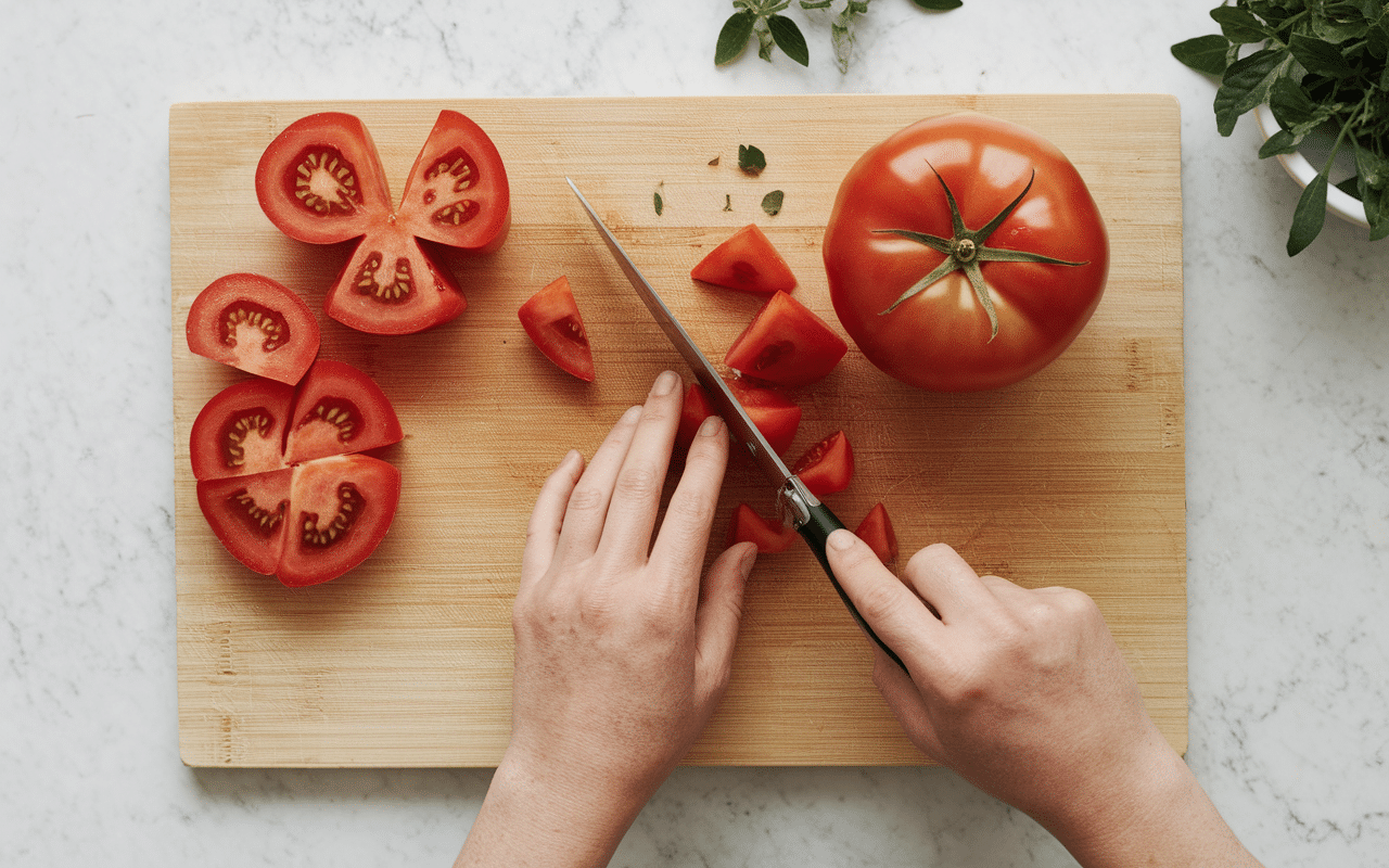 Démonstration techniques coupe tomates en rondelles et dés