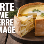 Tourte pomme de terre fromage dorée et fondante sur table