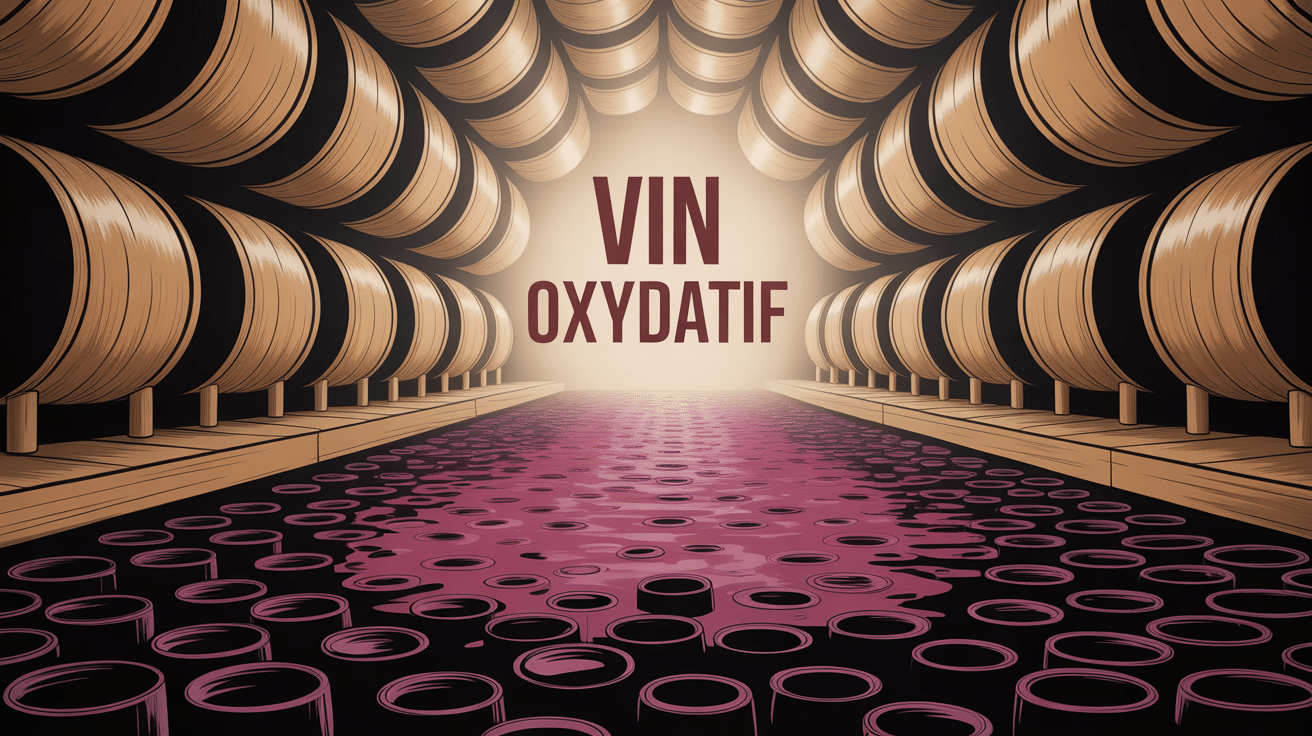 Cave à vin oxydatif avec fûts ouverts sous lumière dorée