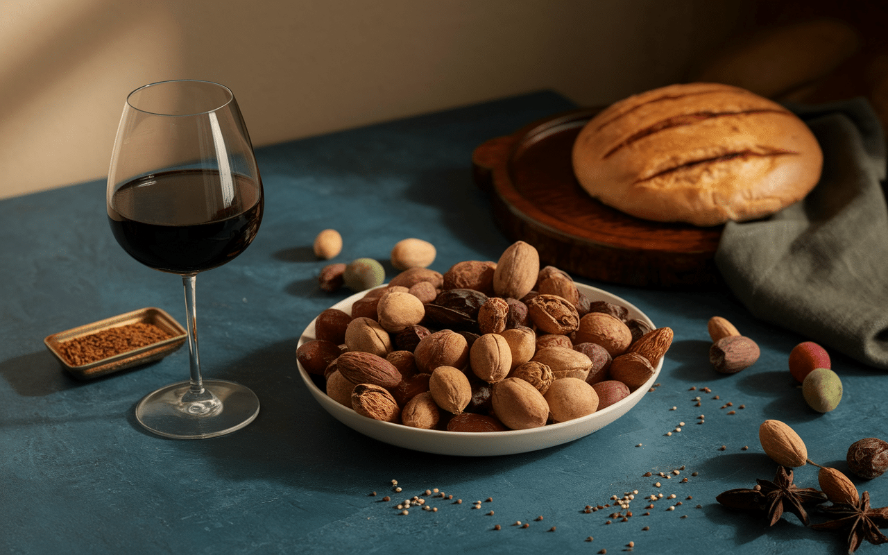 Nature morte dégustation vin oxydatif ambré et arômes