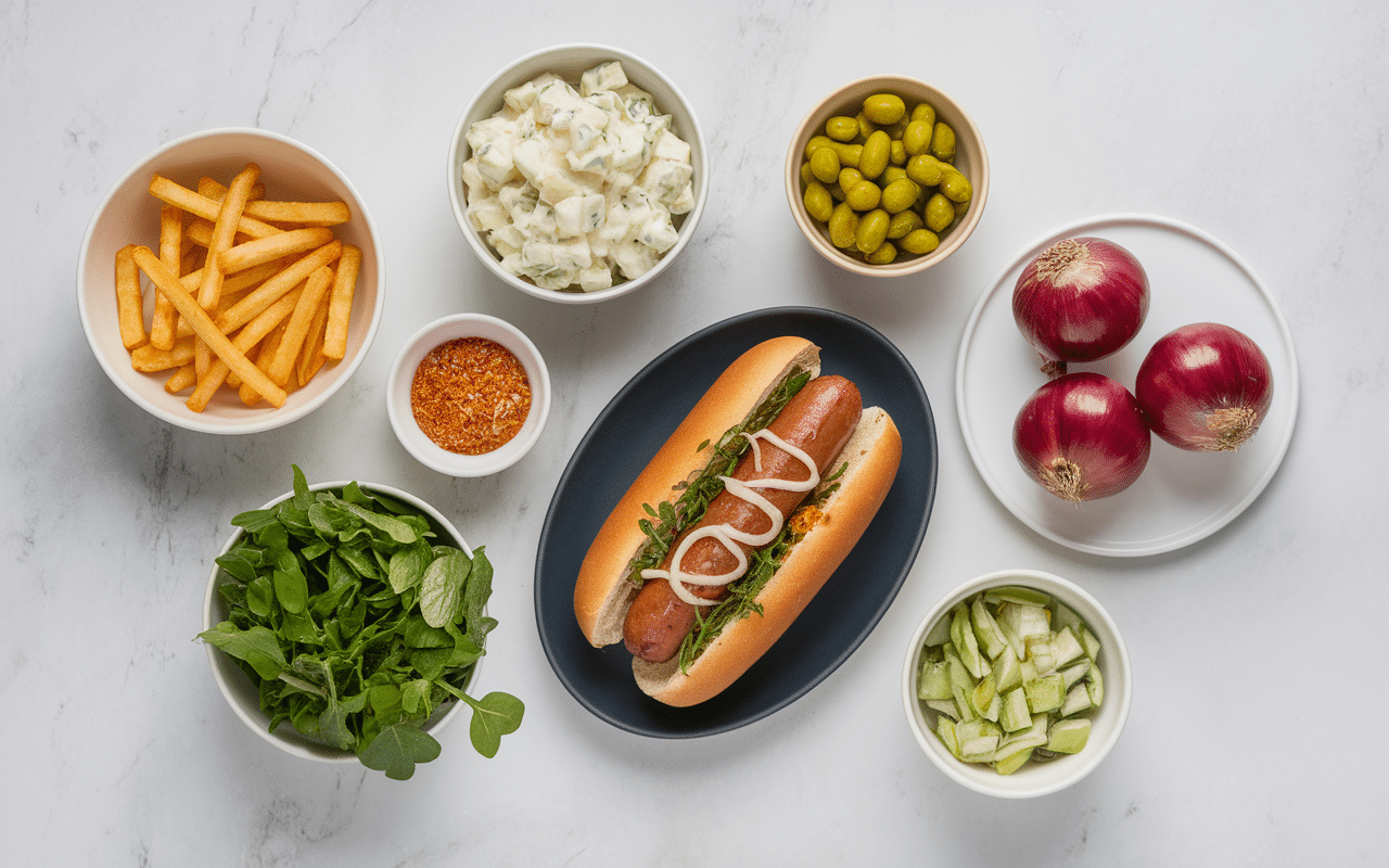 accompagnement hot dog frites coleslaw cornichons oignons