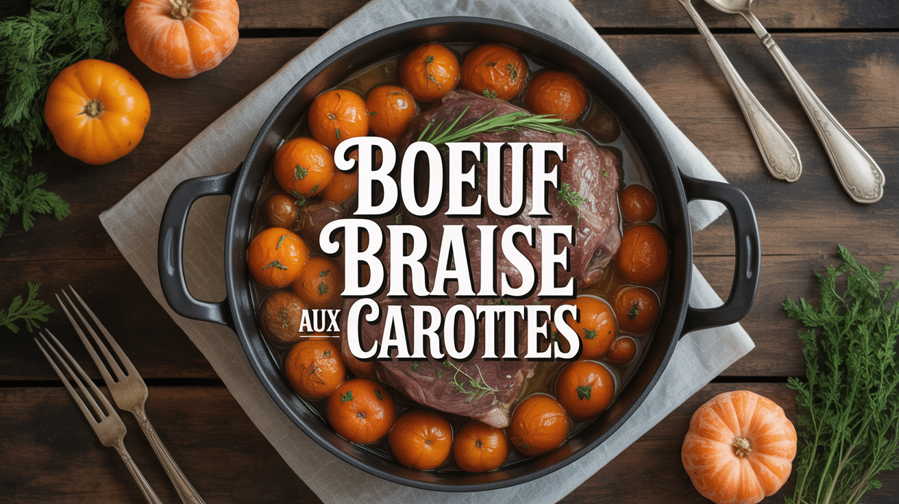 Boeuf braisé aux carottes fumant en cocotte sur table rustique
