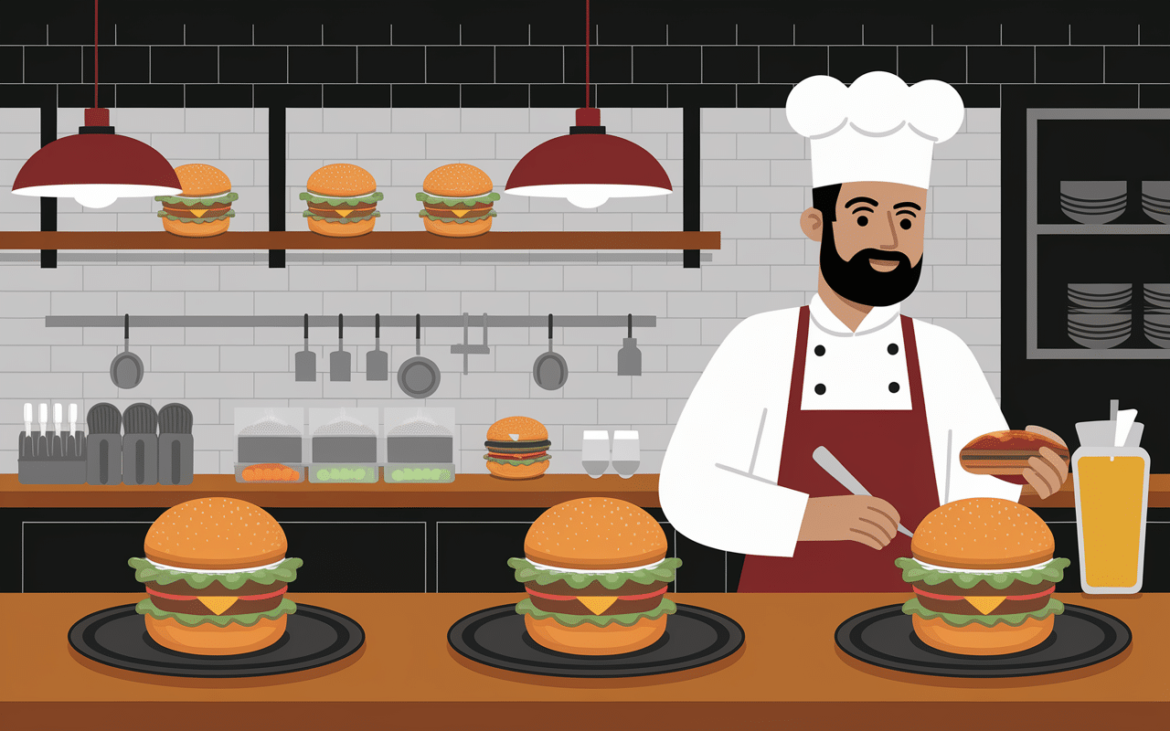 Restaurant moderne california hamburger chef préparation