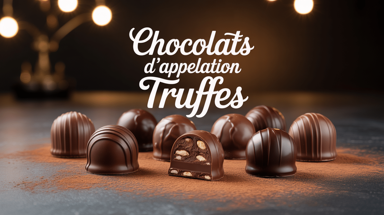 Chocolats d'appellation truffes en composition sur fond sombre