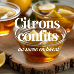 Bocaux de citron confit sucre en bocal sur bois avec citrons frais