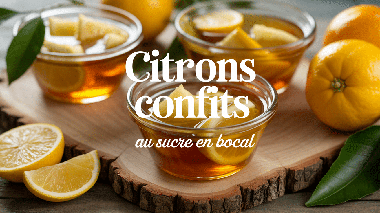Bocaux de citron confit sucre en bocal sur bois avec citrons frais