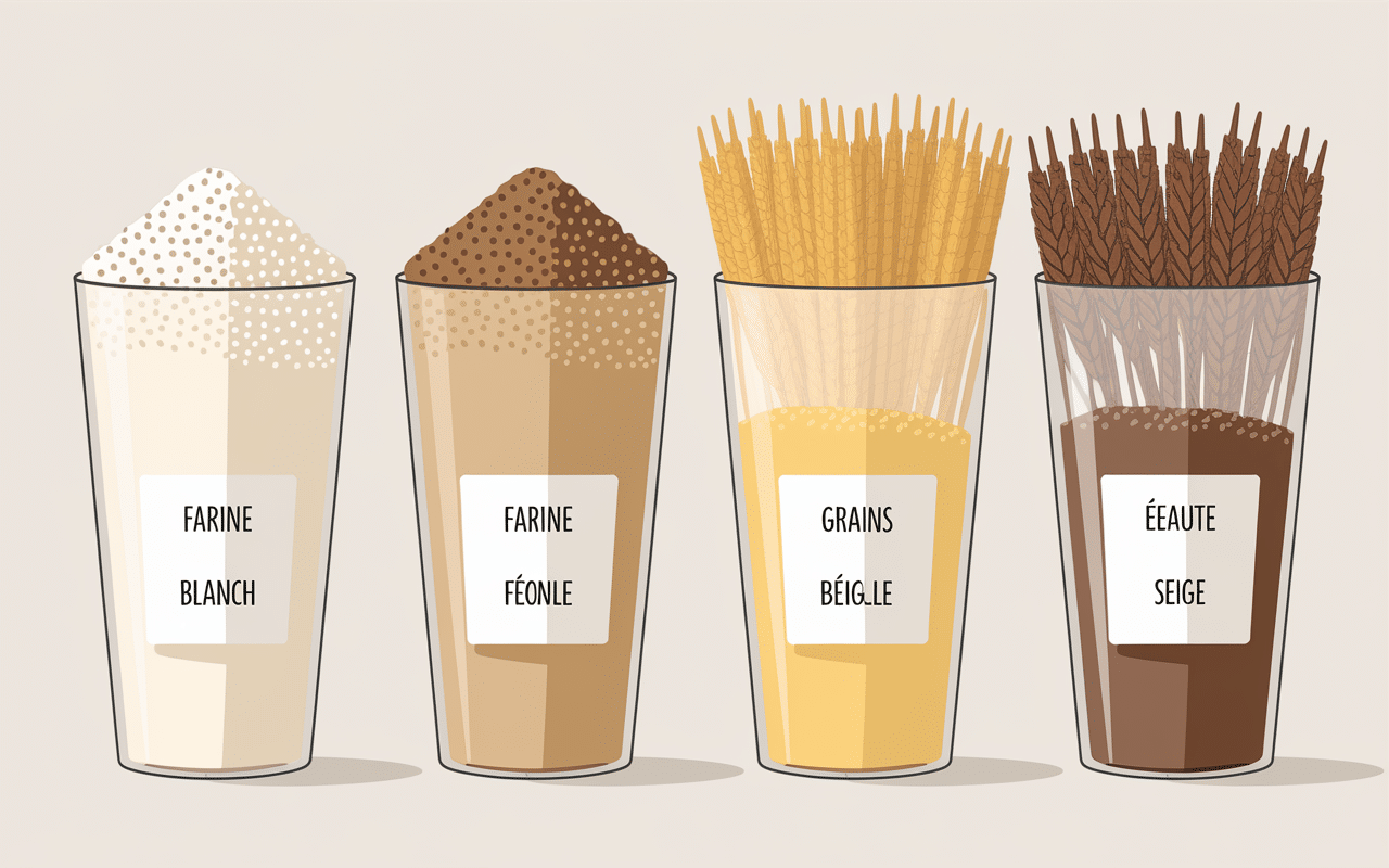 Différentes farines dont farine de froment dans des bols