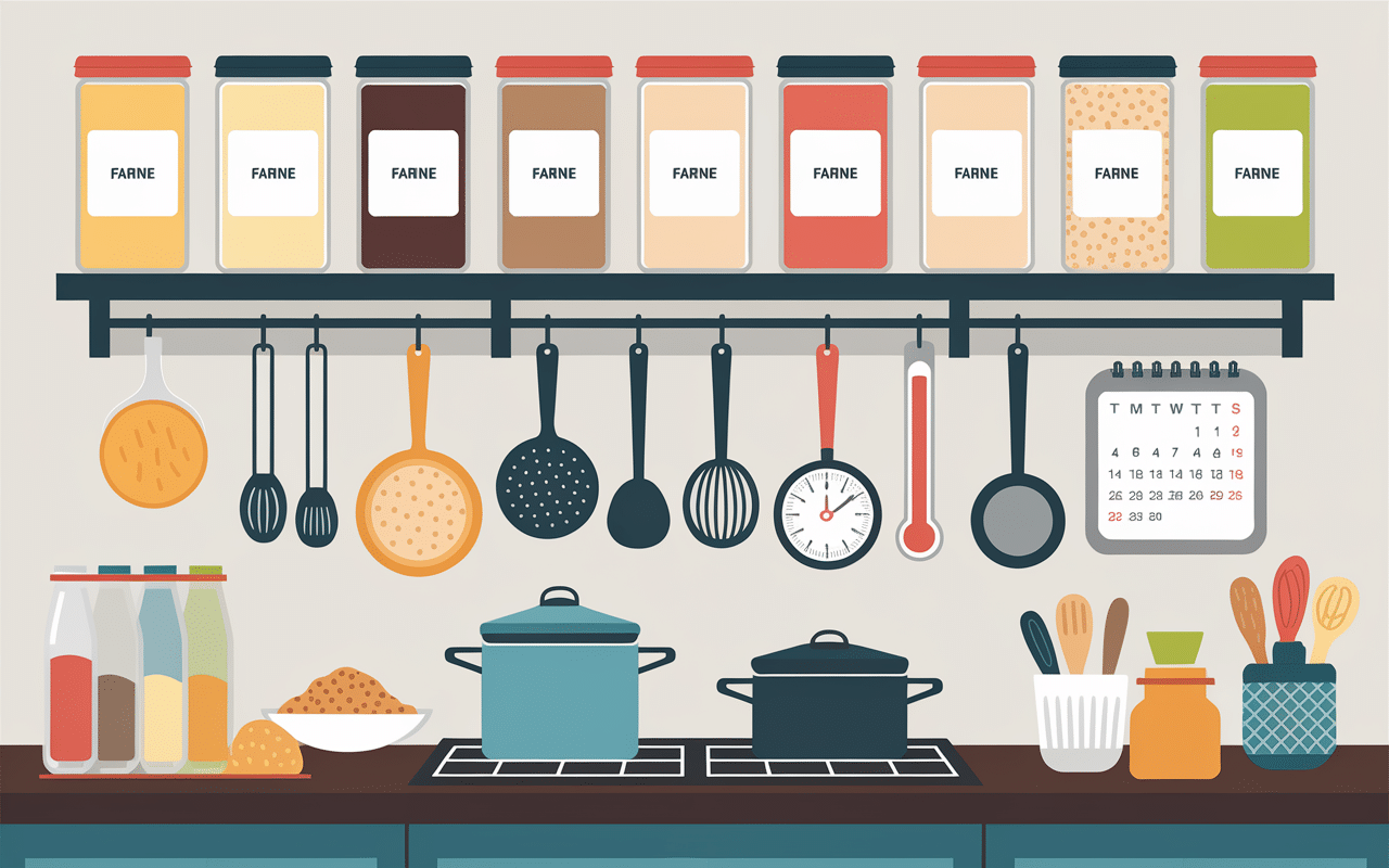 Bocaux hermétiques de farine de froment sur plan de travail