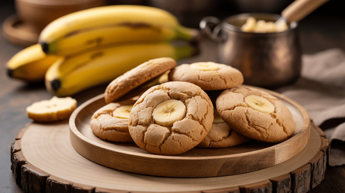 cookies banane beurre de cacahuete moelleux sur assiette bois