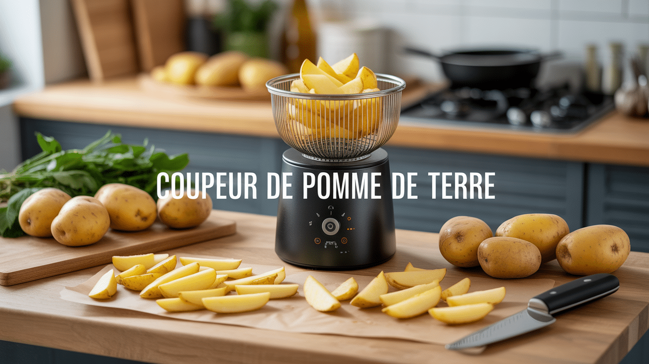 photo coupeur de pomme de terre moderne avec frites sur plan bois