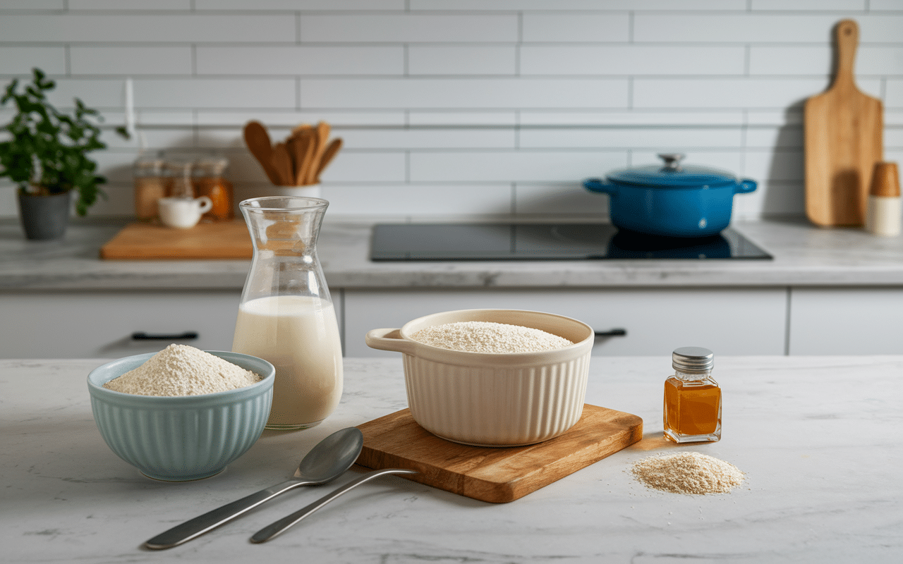 Ingrédients crème de riz recette sur plan de travail